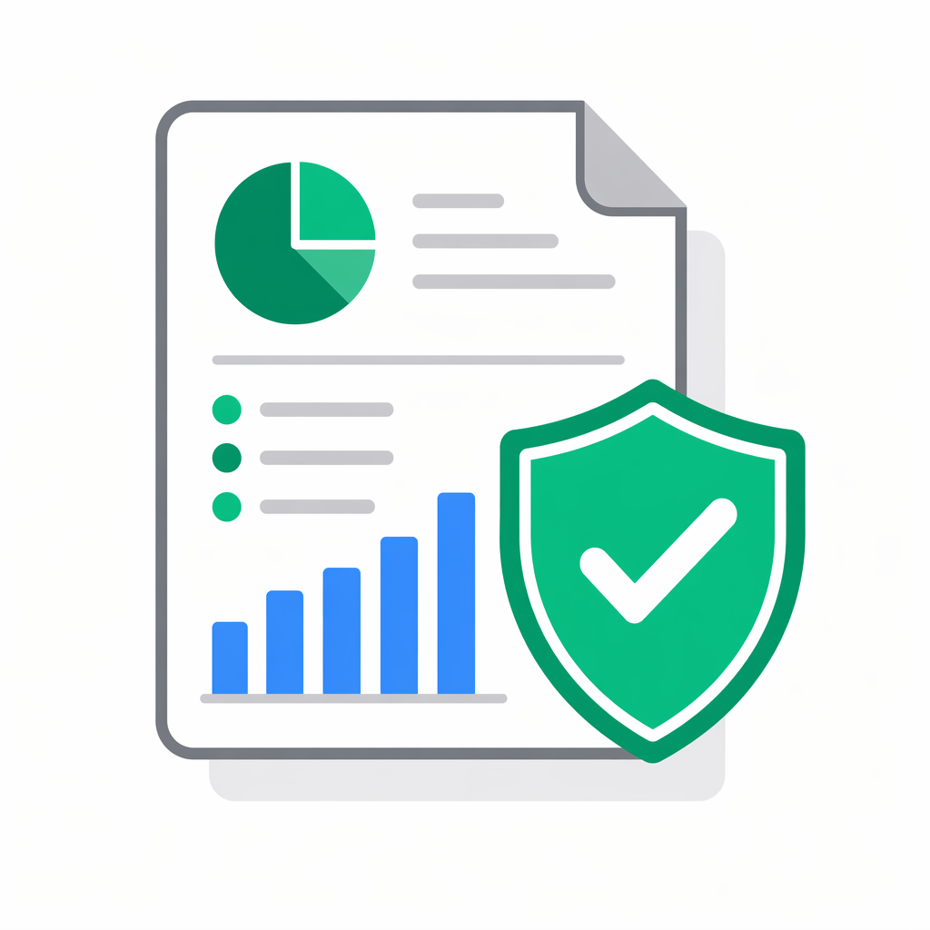 Flat icon of a fiscal report document with an emerald checkmark shield badge and abstract data bars, representing ANAF compliance and verified reporting.