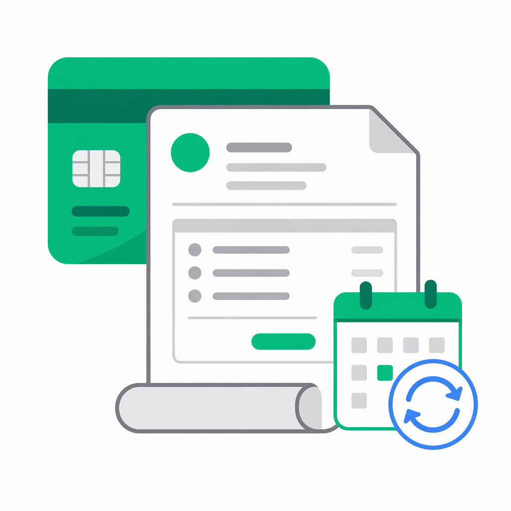 Flat icon of an emerald payment card stacked behind an invoice with a small recurring arrow accent, representing billing and subscriptions.