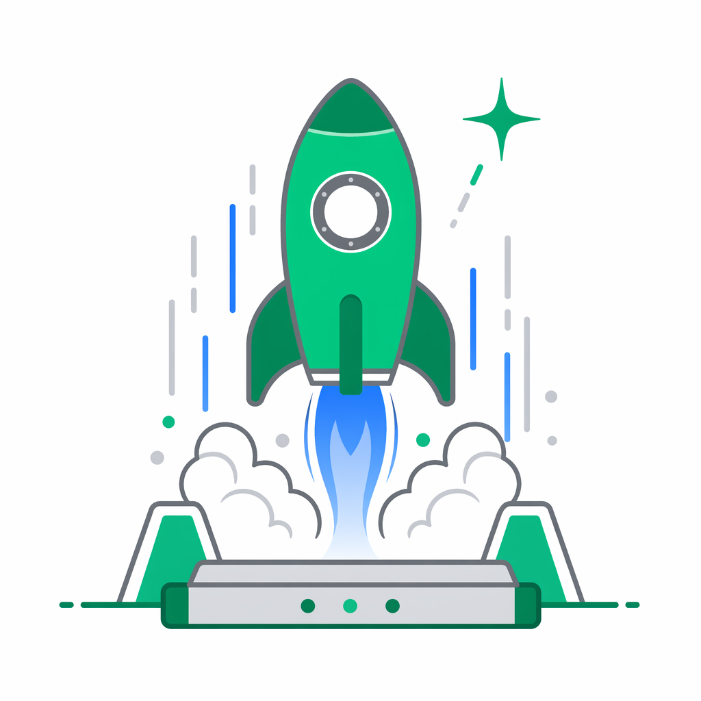 Flat icon of an emerald rocket launching from a small platform with motion lines, representing onboarding and getting started.
