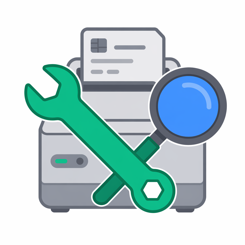 Flat icon of an emerald wrench crossed with a magnifying glass over a generic device card, representing diagnostics and troubleshooting.