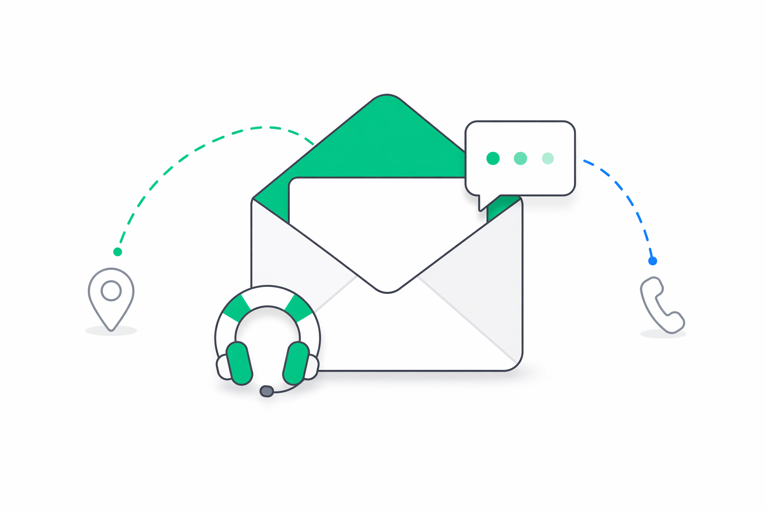 Ilustrație vectorială plată reprezentând un plic cu o bandă verde-emerald, o bulă de dialog suprapusă și un colac de salvare în apropiere, sugerând contact prietenos pe mai multe canale.