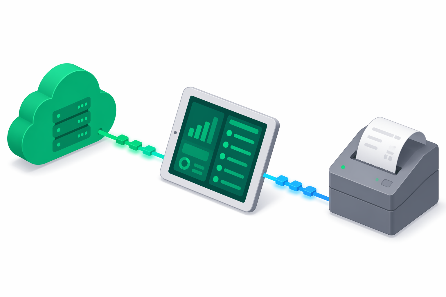 Isometric diagram of the three-tier architecture: e-bon cloud connecting to a tablet running the e-bon app, which connects to a fiscal printer.