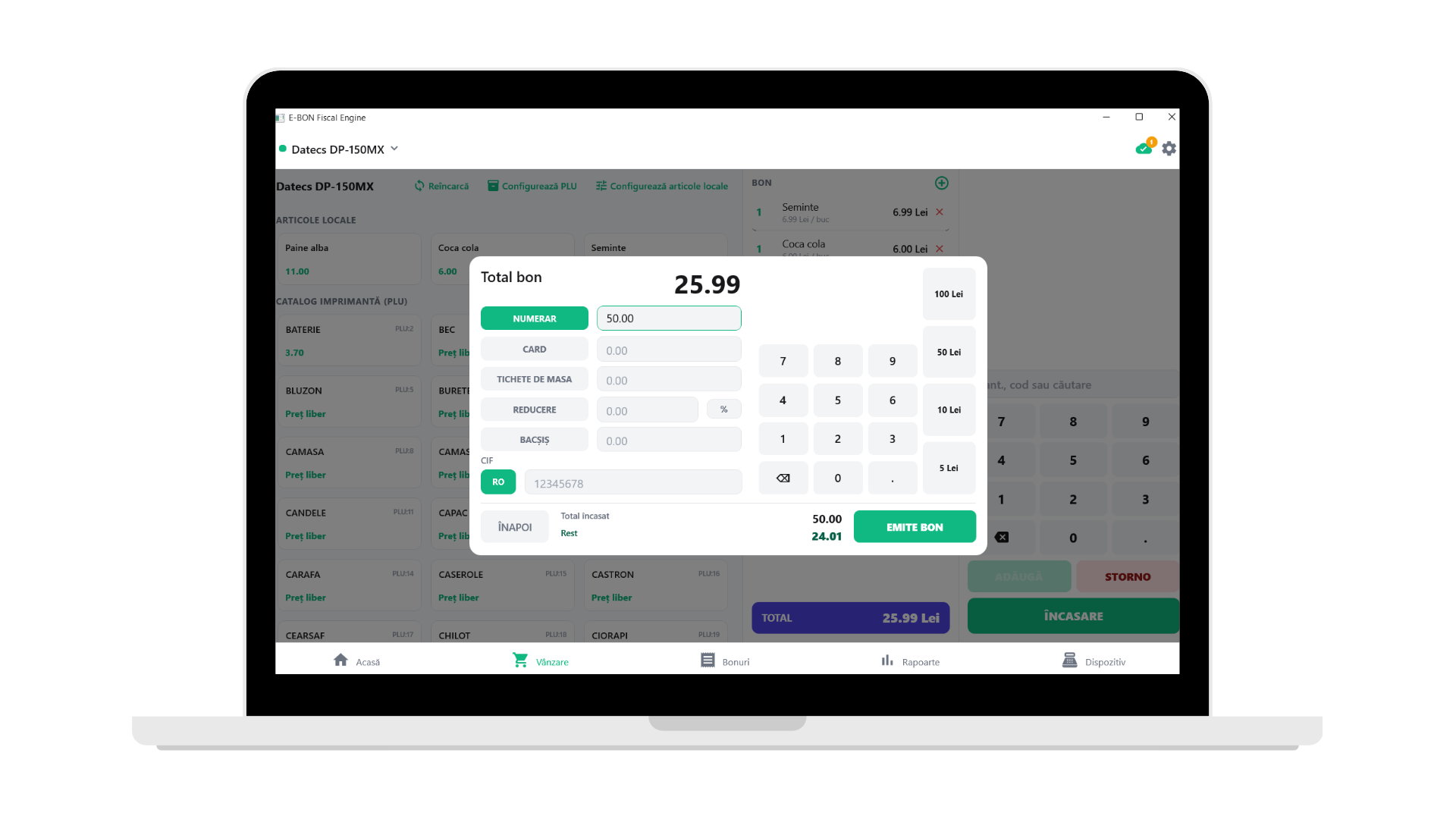 Screenshot of the e-bon fiscal engine app checkout: receipt total, tender fields for cash, card and meal vouchers, discount and tip, customer CIF and the issue-receipt button.