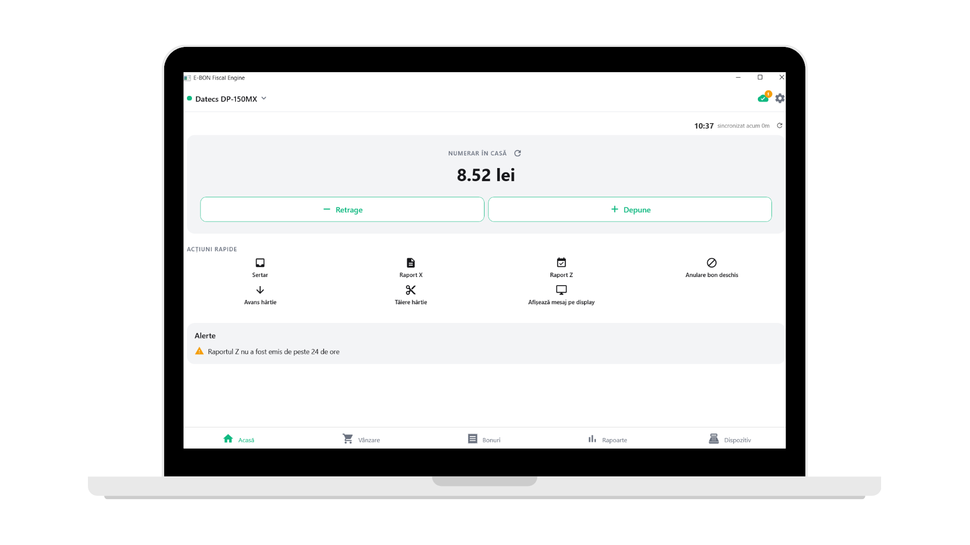 Screenshot of the e-bon fiscal engine app home: cash-in-drawer balance with withdraw and deposit actions, quick fiscal actions and a Z-report overdue alert.