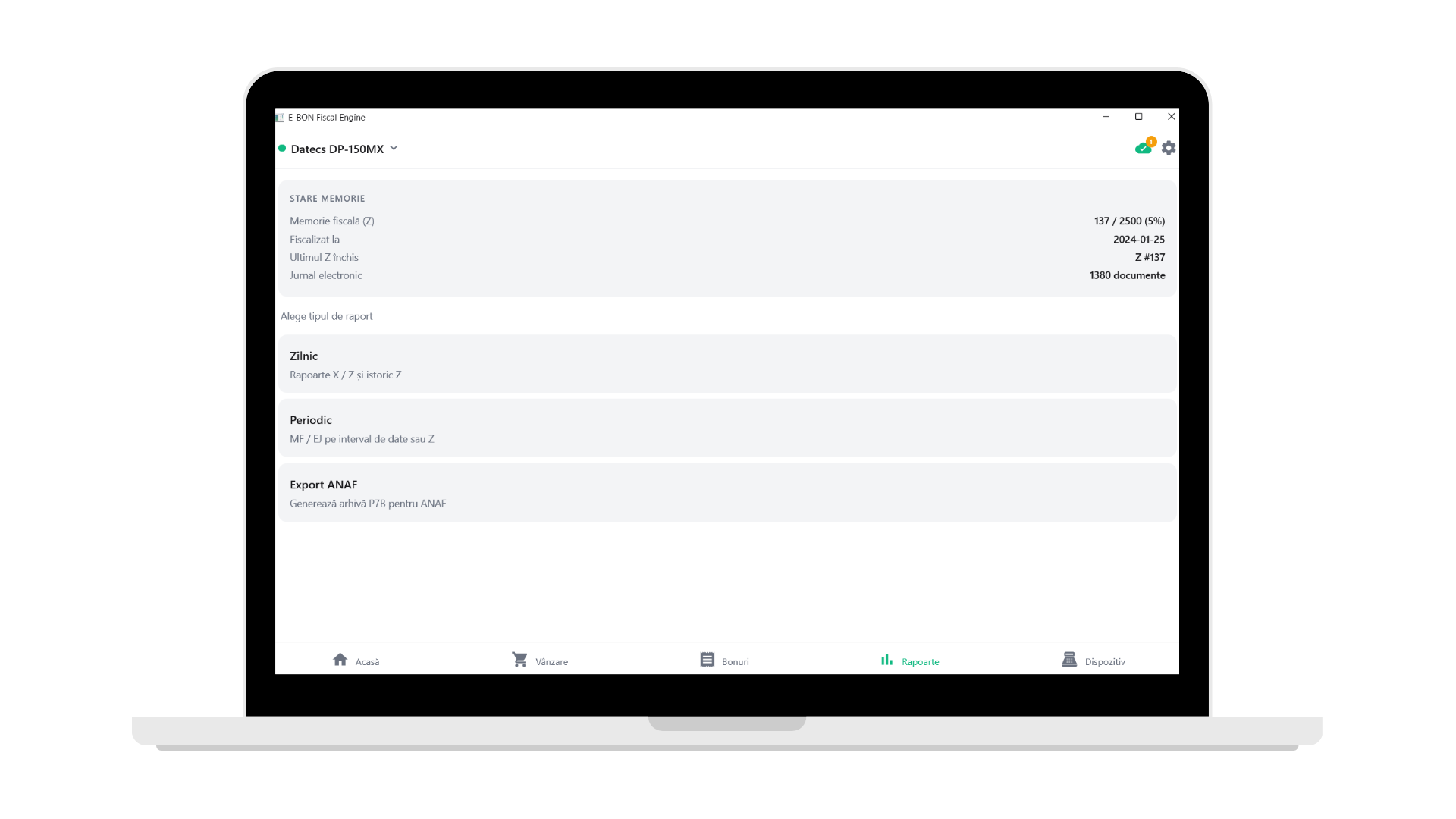 Screenshot of the e-bon fiscal engine app reports: fiscal memory status and report type selection for daily X/Z, periodic MF/EJ and ANAF P7B export.