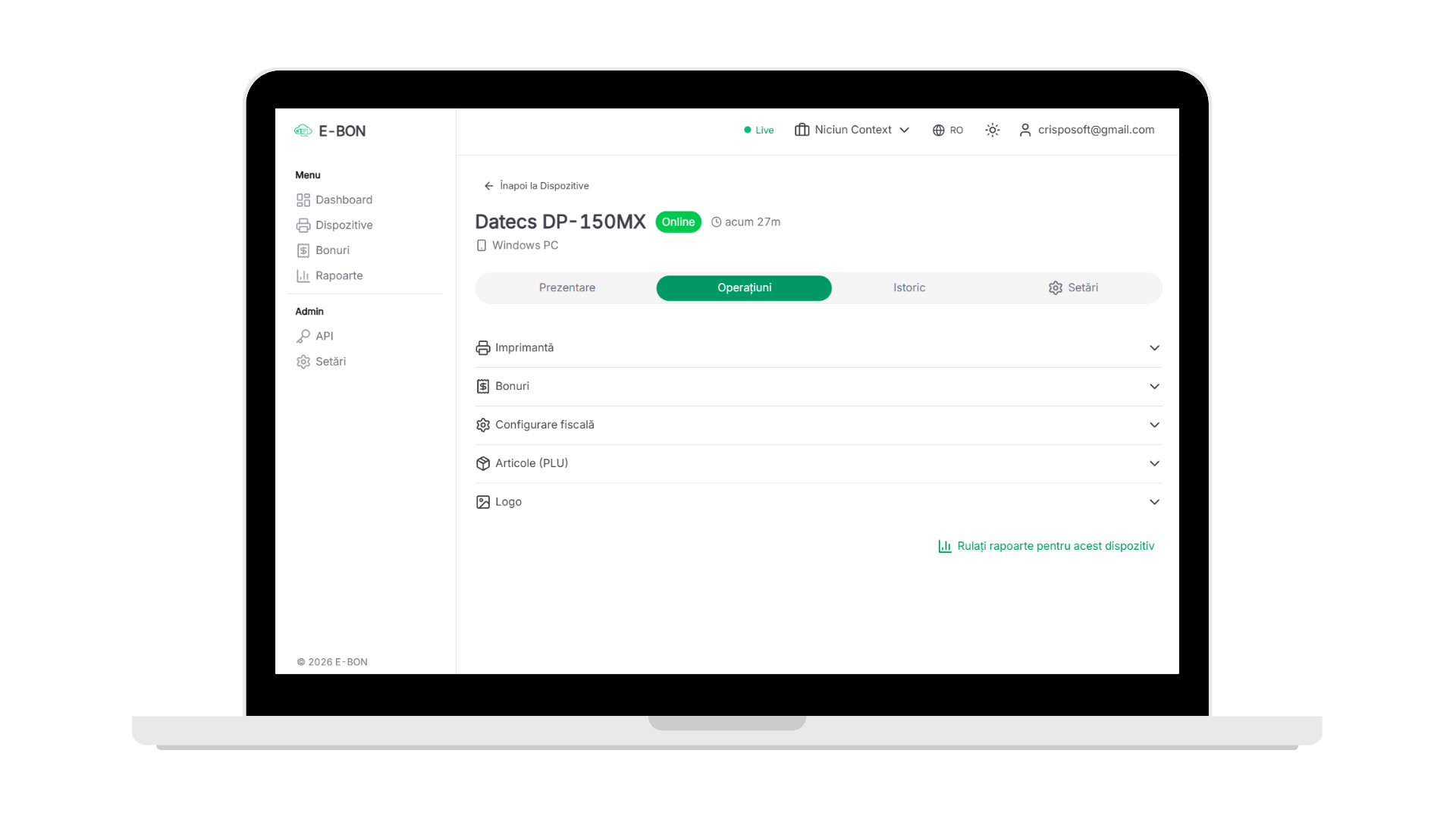 Screenshot of the e-bon portal device detail page: operations accordions for printer, receipts, fiscal configuration, PLU articles and logo on an online Datecs device.
