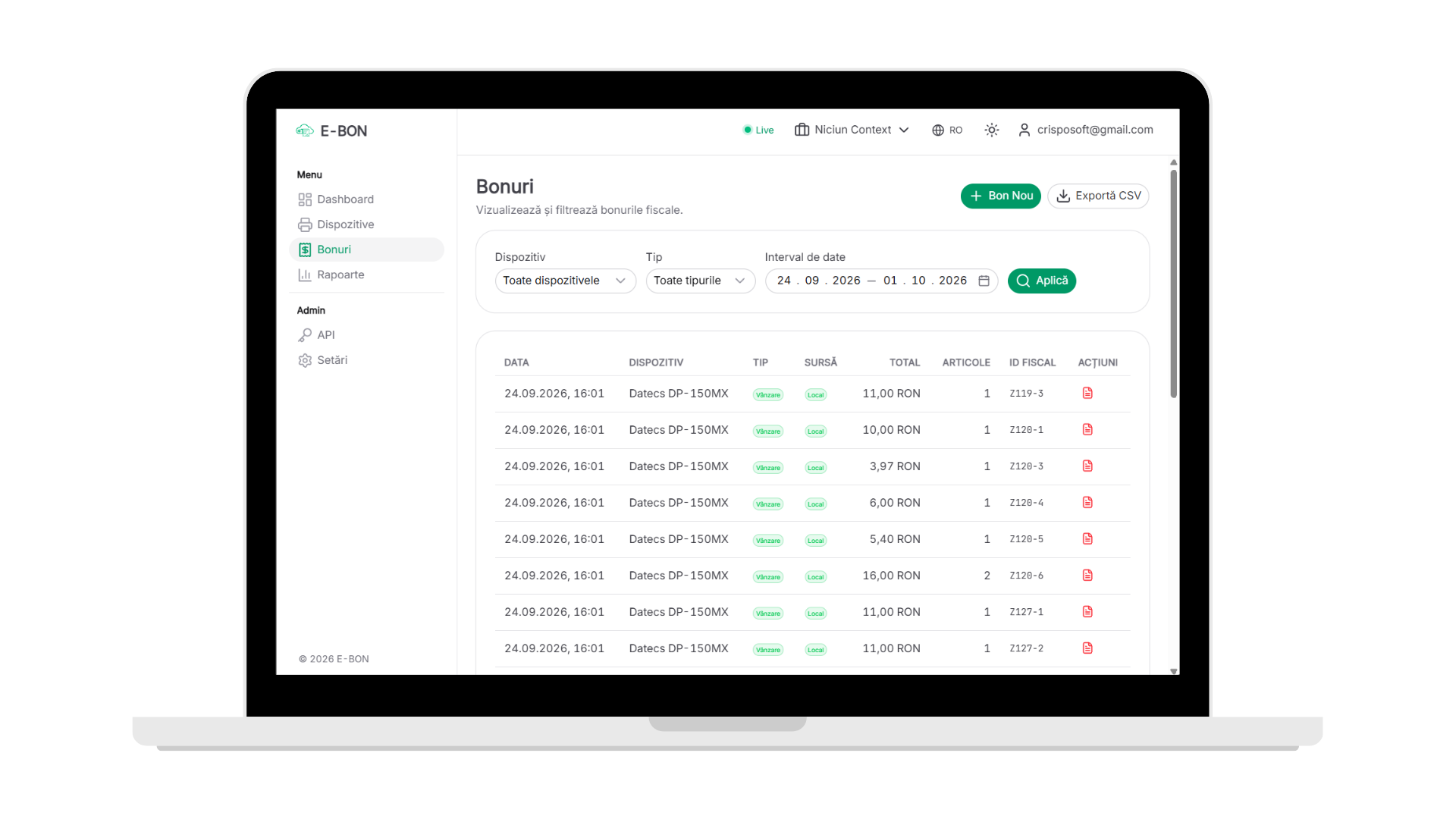 Screenshot of the e-bon portal receipts page: filterable list of fiscal receipts with device, type, source, totals and fiscal IDs.