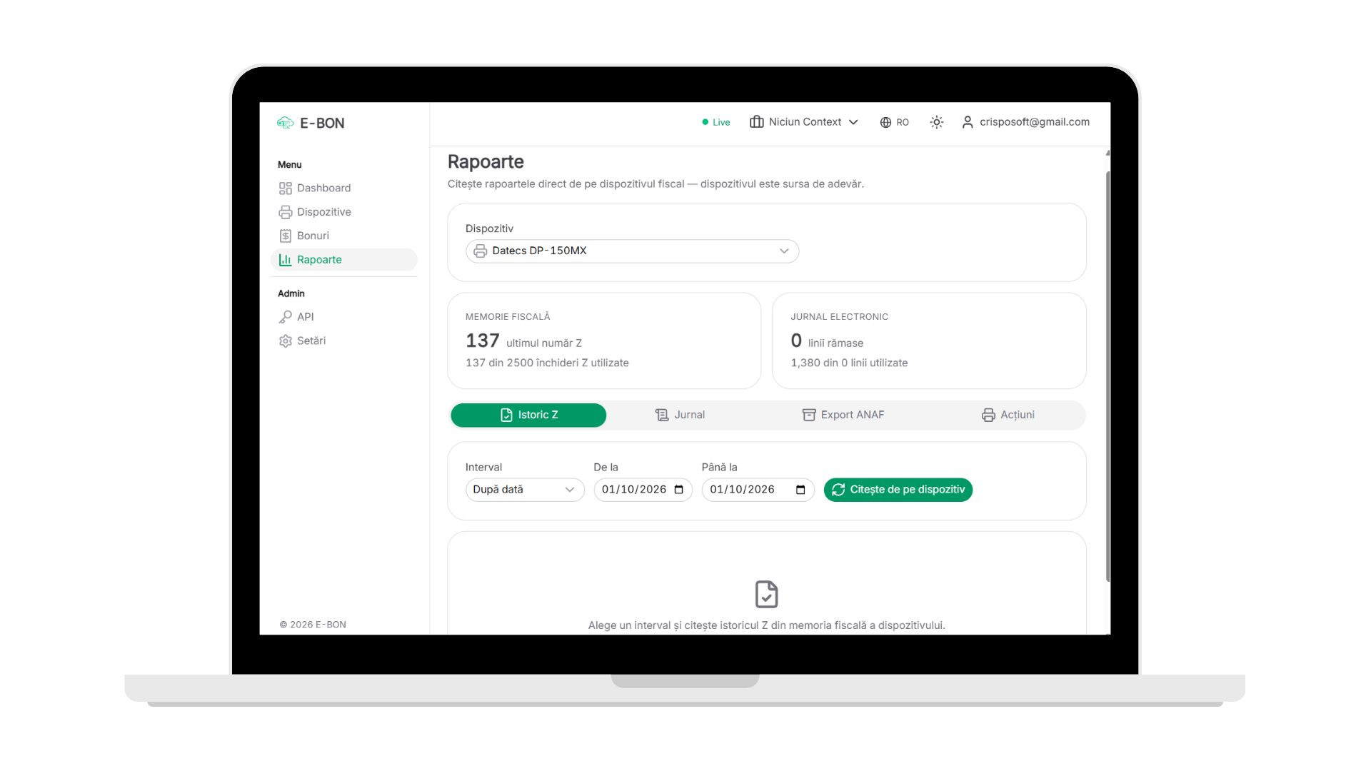 Screenshot of the e-bon portal reports page: fiscal memory and electronic journal usage cards with Z-history, journal, ANAF export and actions tabs.