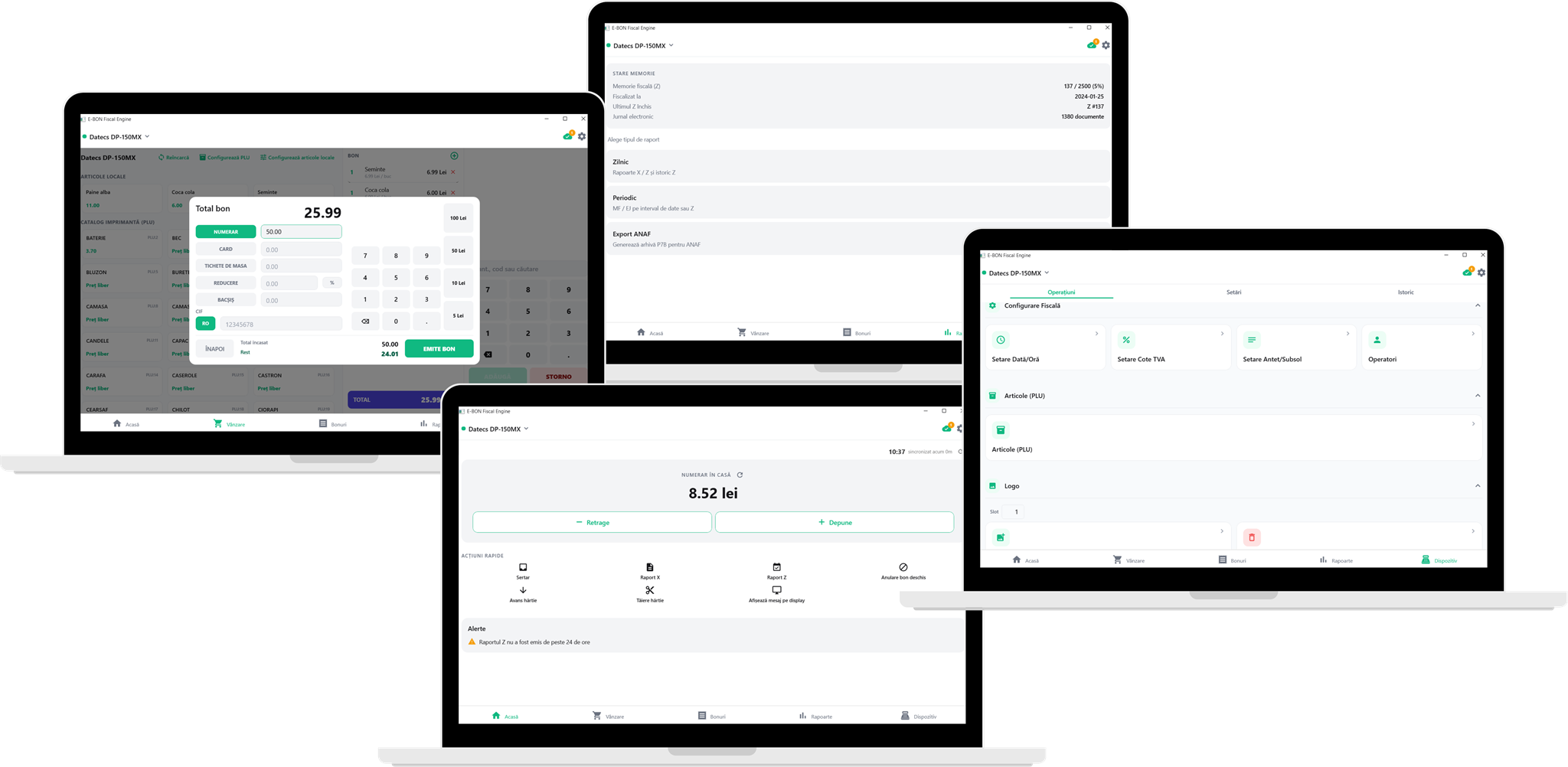 Four laptop screens showing the e-bon fiscal engine app: checkout with payment numpad, fiscal memory reports, cash drawer operations, and fiscal configuration.