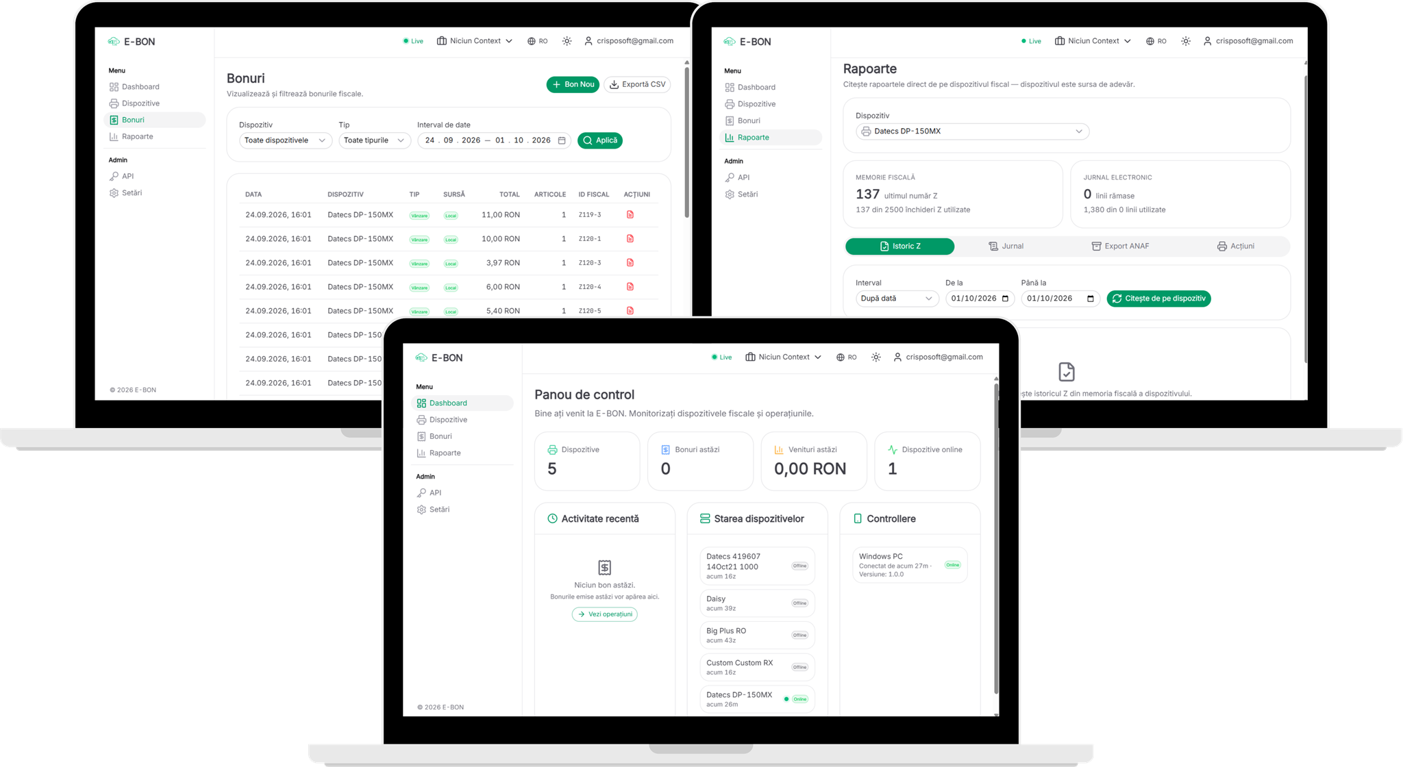 Three laptop screens showing the e-bon web portal: the receipts list with fiscal filters, the reports page reading live from fiscal memory, and the dashboard with device and revenue stats.