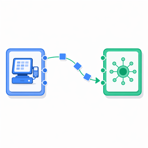 Ilustrație vector plat cu două blocuri de endpoint API conectate printr-o linie fluidă cu pachete de date, reprezentând integrarea API cu sisteme POS partenere.